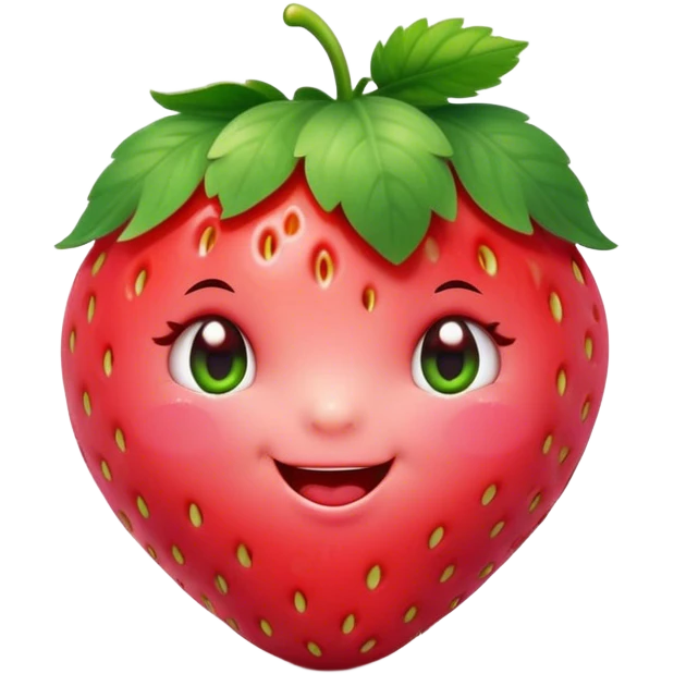 Cinematic plump happy strawberry, glossy bright red, tiny round eyes and blushing cheeks, green leafy top slightly tilted, cheerful and charming. emoji