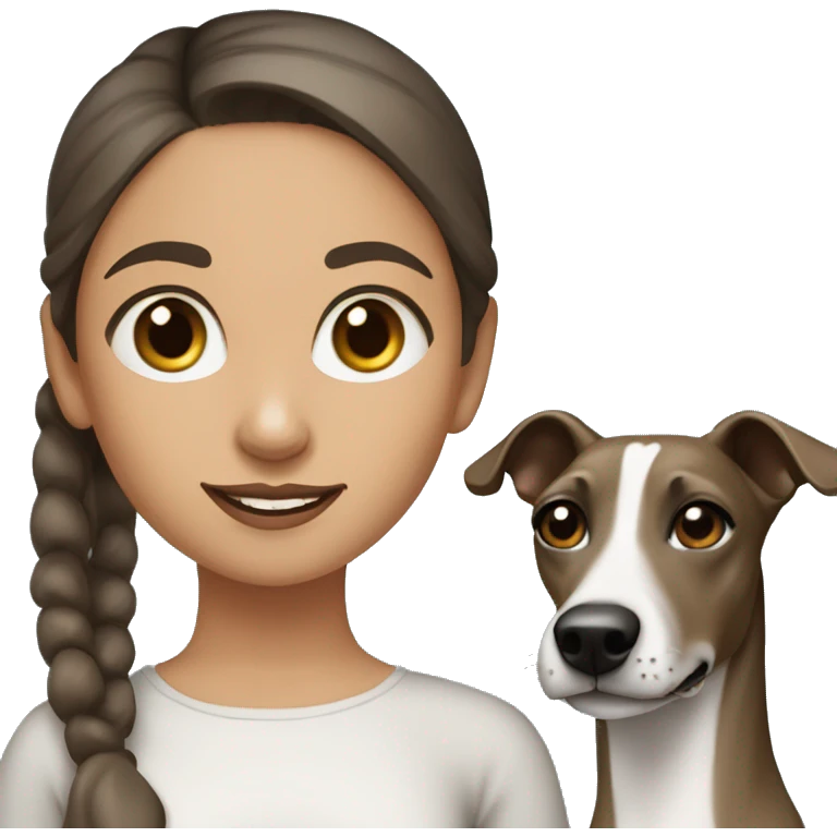 a girl with dark hair and a bun with a greyhound (whippet) dog breed next to her emoji