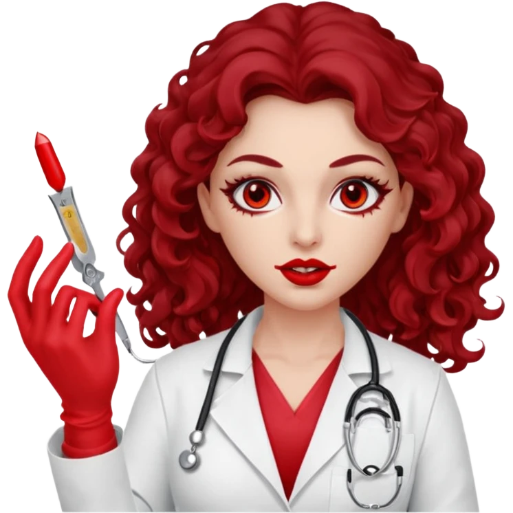 Lilith scalpel in hand, evil surgeon sexy surgeon clothes.  She has red eyes. She has dark brown long curly hair. Wears sexy doctor outfit with red gloves. Covers mouth neck and nose with red litham for Muslim woman emoji