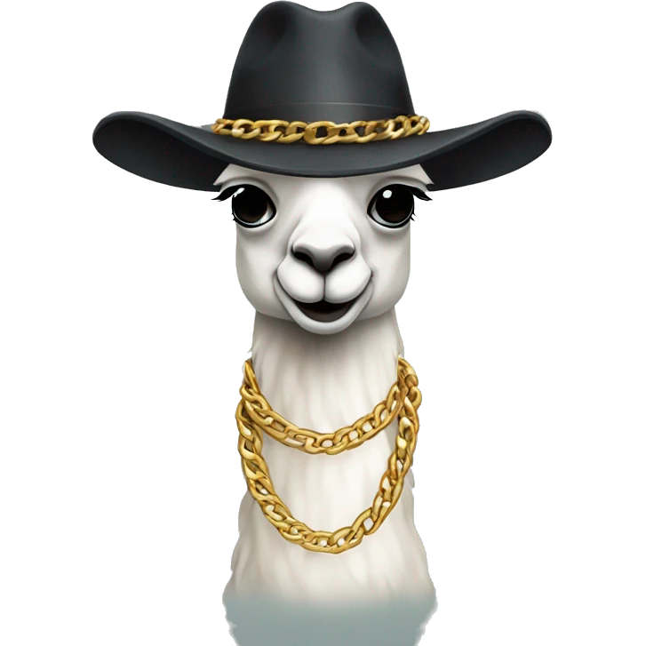 A Llama wearing a fedora and a heavy gold chain lke a gangsta emoji