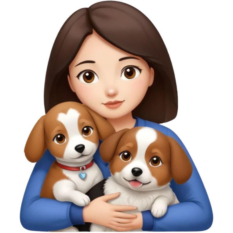 a beautiful woman with medium length dark brown hair and brown eyes, a bit chubby, hugs a beagle and japanese spitz dog  emoji