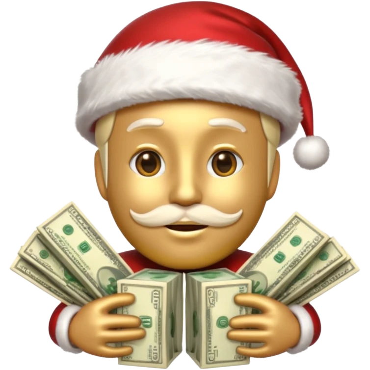 A confident rich emoji face wearing a Santa hat, money stacks, casino vibe, New Year theme, premium 3D emoji style, sharp details, no text, isolated on transparent background emoji