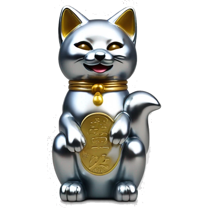 fully chrome fox statue in the form of maneki neko emoji