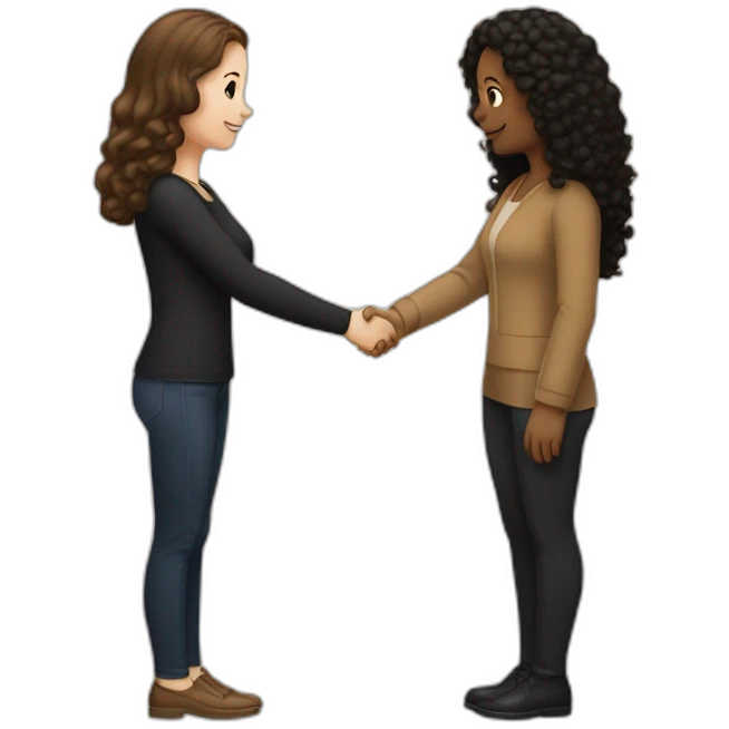 mid-sized pale woman with straight brown hair shakes hands with a tan mid-sized woman with black curly hair emoji