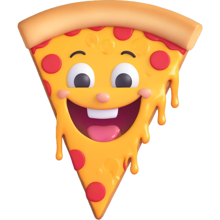 a cartoon pizza slice with a wide grin, cheese dripping emoji