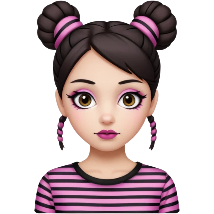 generate a pretty fair bratz girl with dark brown eyes. Dark brown hair straight hair with pink highlights tied into buns.  eyeliner. black lipstick. Wearing a white and black striped top emoji