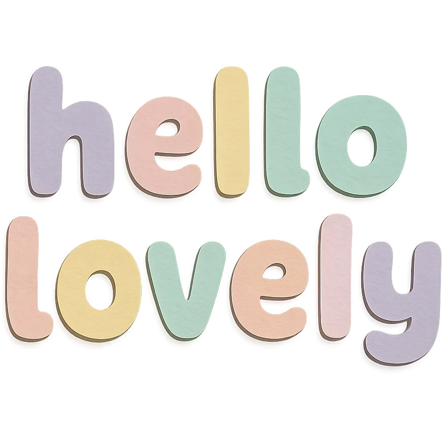 cute kawaii font "Hello Lovely" in soft pastel rainbow soft chubby letters, no frame, transparent background emoji