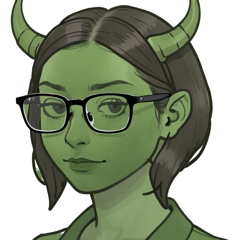 brunette with square glasses and horns emoji