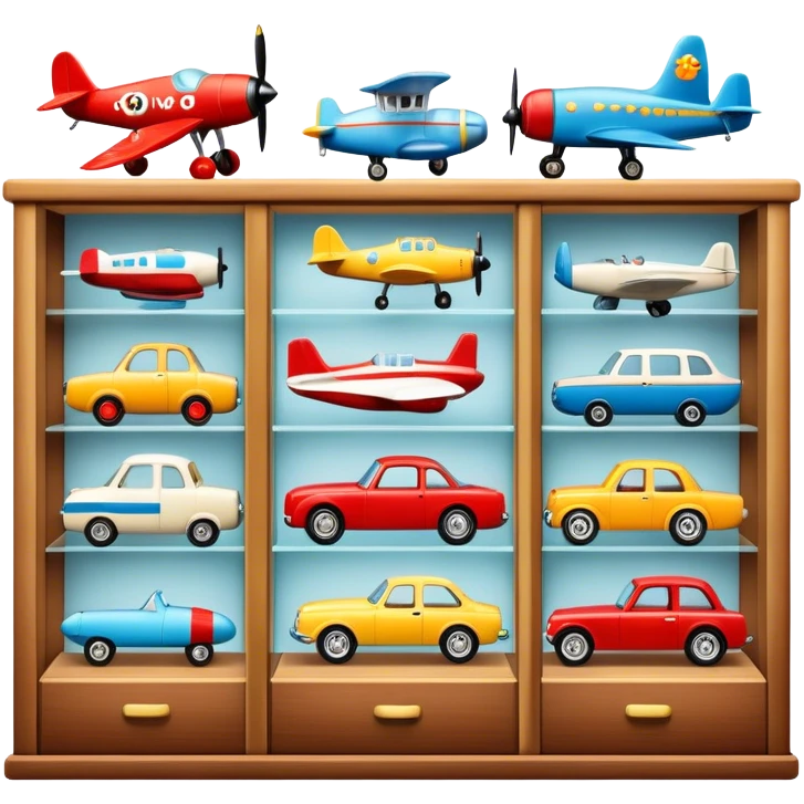 Icon for Toy Collecting: a collection of various vintage toys such as dolls, plush animals, tumblers, cars, planes, ships, action figures, displayed neatly on shelves or in display cases. The icon should evoke the joy and nostalgia of collecting toys. Transparent background. emoji
