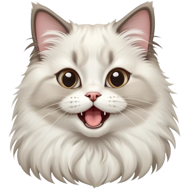 cinematic-adorable-big-eyed-fluffy-ragdoll-cat-portrait-emoji,-head-tilted-playfully-with-a-cute,-exaggerated-yawn,-white and grey fur,-simplified-yet-irresistibly-cute-features emoji