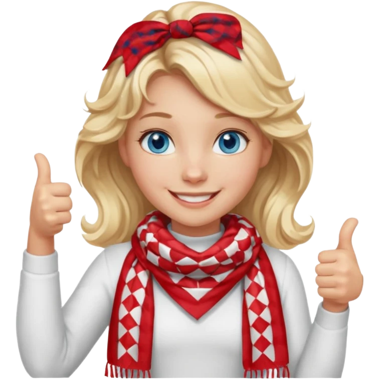 Blonde Girl, Blue Eyes, wavy hair, smiling, thumbs up, wearing red Checkered Triangle scarf, white dress emoji