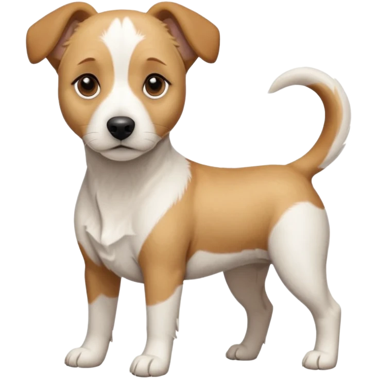 a full body facing front on of a buff white beagle cross jack russell terrier looking dog the size of a kelpie with light brown long ears resting on its face and a light brown patch above one eye and a large snout. the rest of the dog is completely white.  emoji