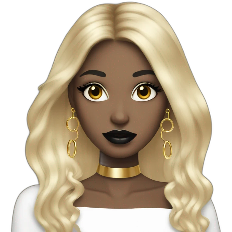girl with large gold hoop earrings wearing a black dress, with long hair, with black lips abd makeup, pierced face and ears emoji