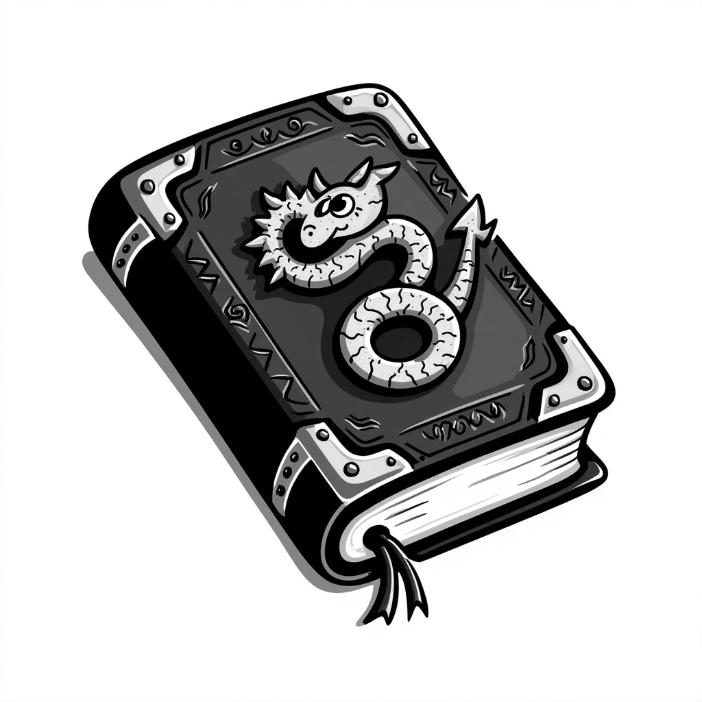 Таинственная книга с кожаной обложкой, на которой выгравировано изображение дракона. Обложка украшена металлическими уголками, древними символами и тиснением. Дракон свернулся в кольцо, его глаза светятся магическим светом. Атмосфера фэнтези, тёмные и насыщенные цвета, ощущение древности и магии. emoji