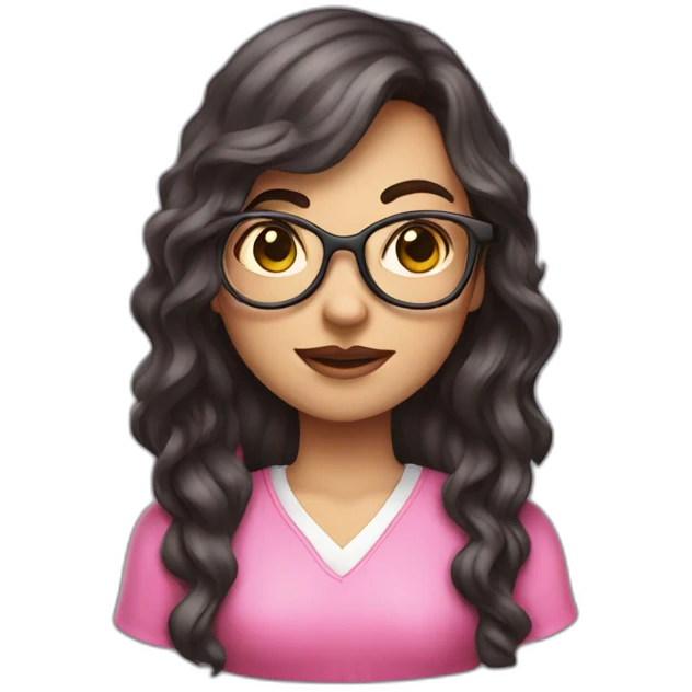 dark wavy long hair nerd girl, wearing a pink dress, pink mouth emoji