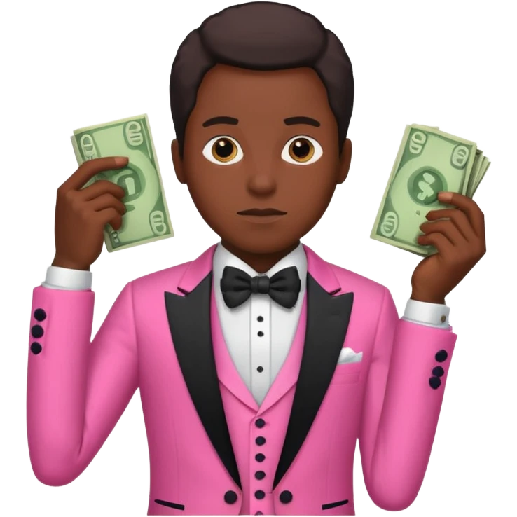 ambitious thinking about money, black person, pink tuxedo emoji