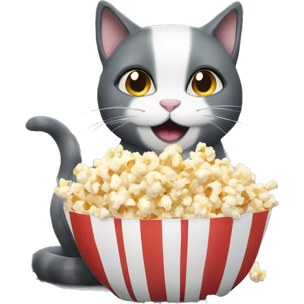 Dark gray and white cat eating popcorn emoji