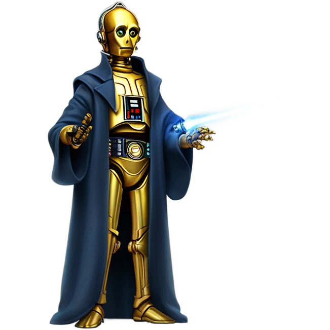 tarnished undercover tough well-equipped Jedi  life-sized darkblue-pearl C3po as a friendly droid wearing a leather clothing old west duster coat holding light saber  emoji