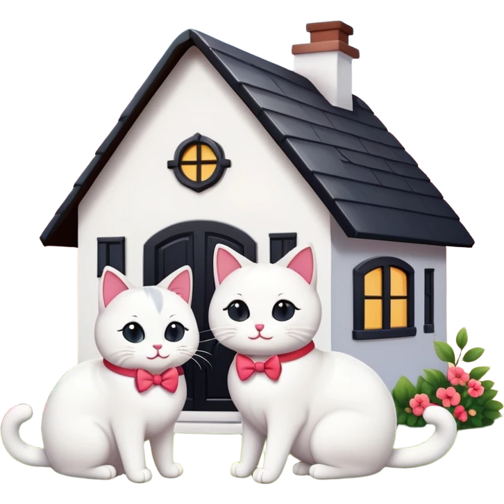two happy cats in love, white and black cats, with a house behind them that has a bow on the roof, emoji style emoji