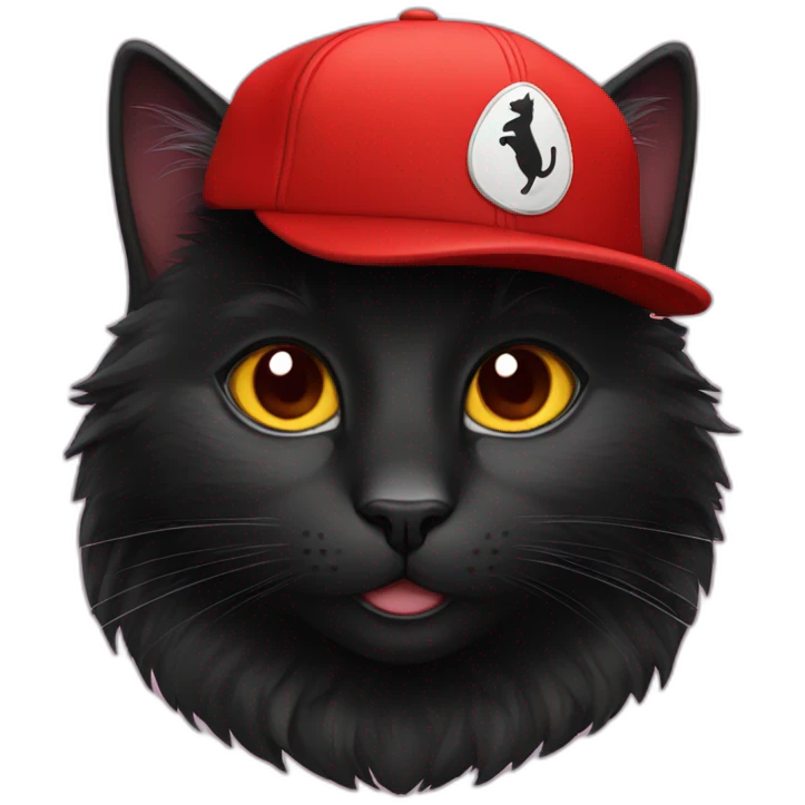 Fluffy black cat with red Ferrari cap emoji