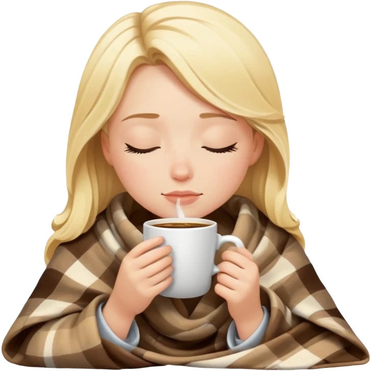 Blonde girl inside a blanket sipping coffee eyes closed emoji
