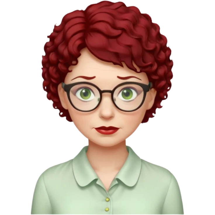 create an emoji of an adult woman with wrinkles and glasses, she has extremely short curly dark red hair, green eyes and a pale white vintage blouse emoji