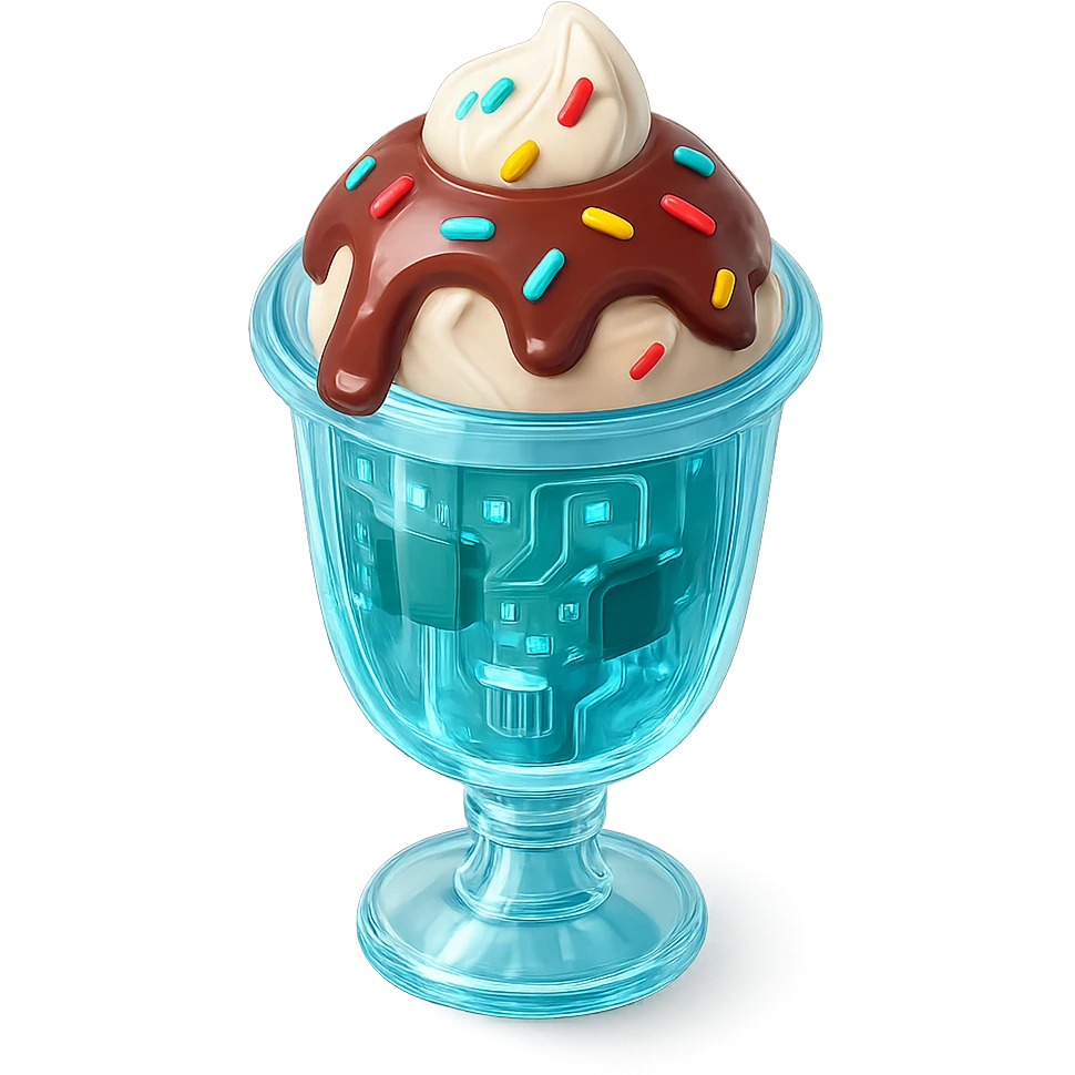 3D glossy ice cream sundae in tall glass with chocolate sauce drizzle, rainbow sprinkles, shiny highlights emoji
