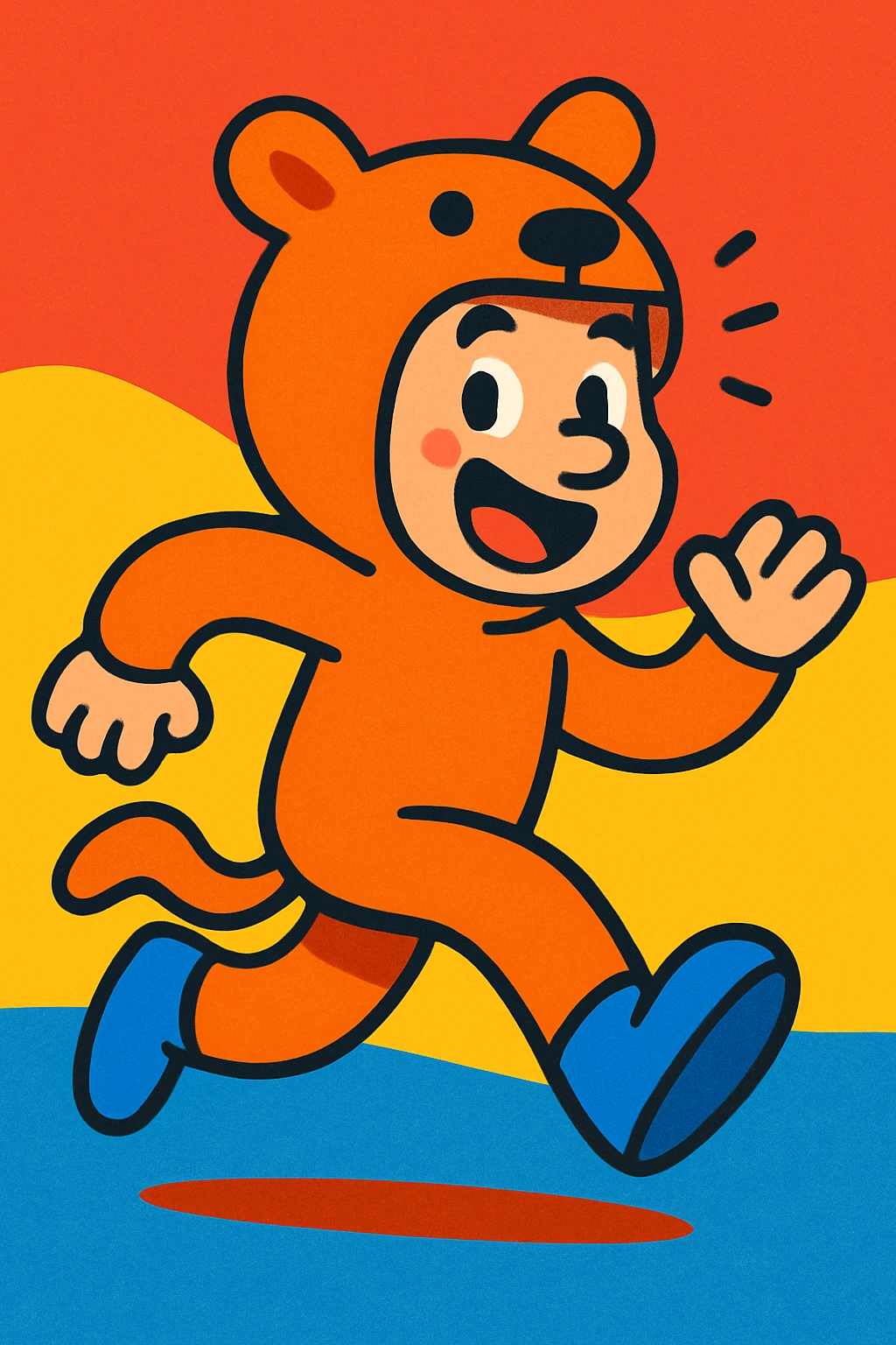 man in an animal costume running, playful style, bright colors, energetic cartoon style emoji