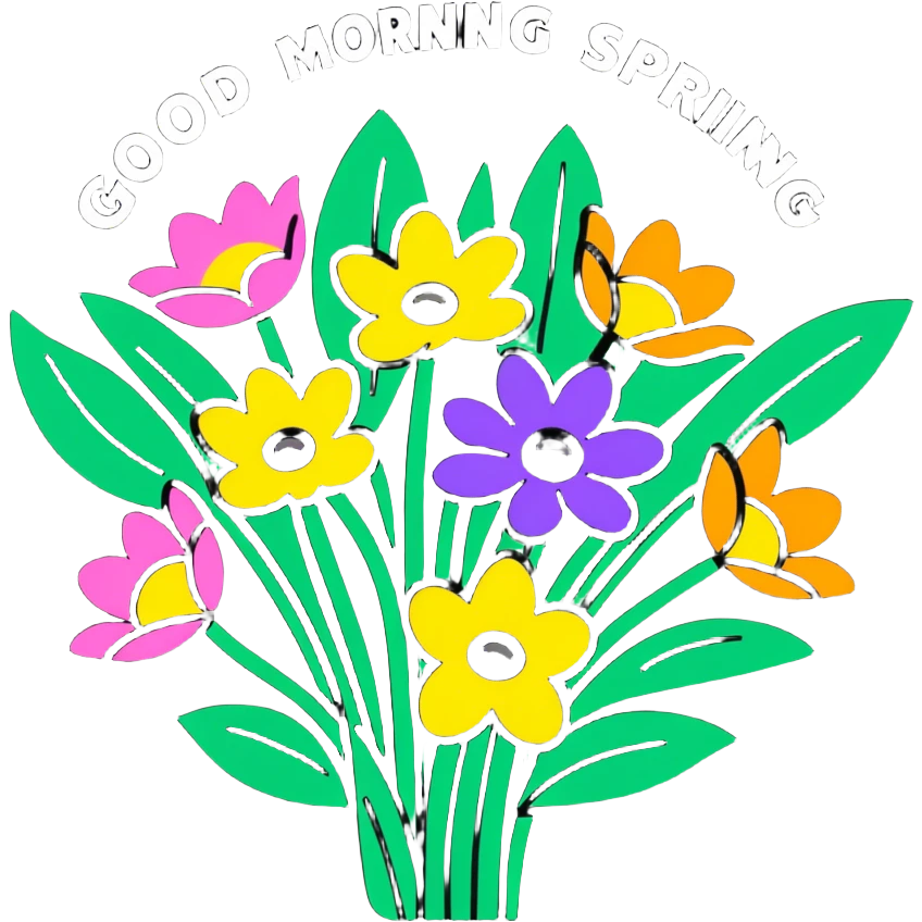 Spring flowers in beautiful garden with morning sun with inscription Good morning  emoji