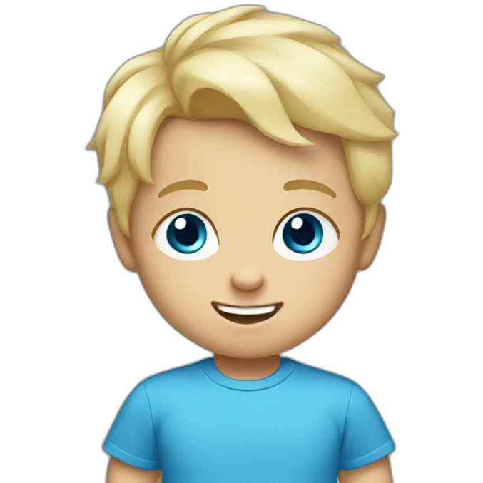 A baby boy with blonde hair, blue eyes and a blue t-shirt and with teeth emoji