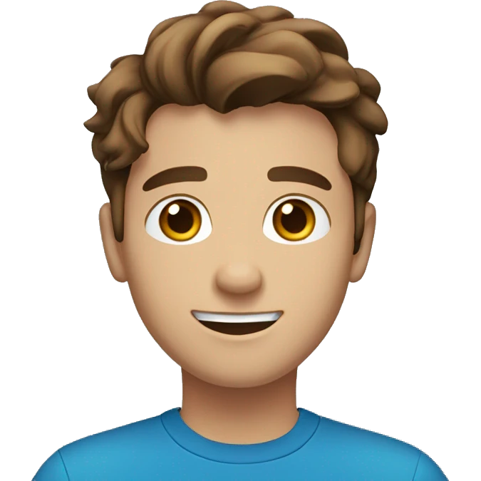 22 years old man with brown hair and black eyes with blue tshirt happy face emoji
