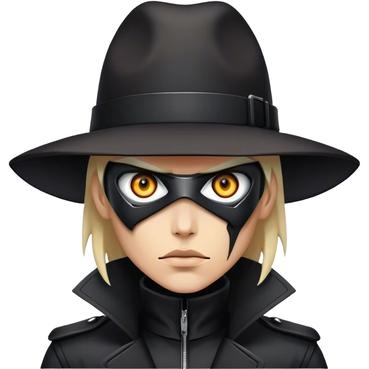 A dystopian bounty hunter, black trench coat, cybernetic eye glowing emoji