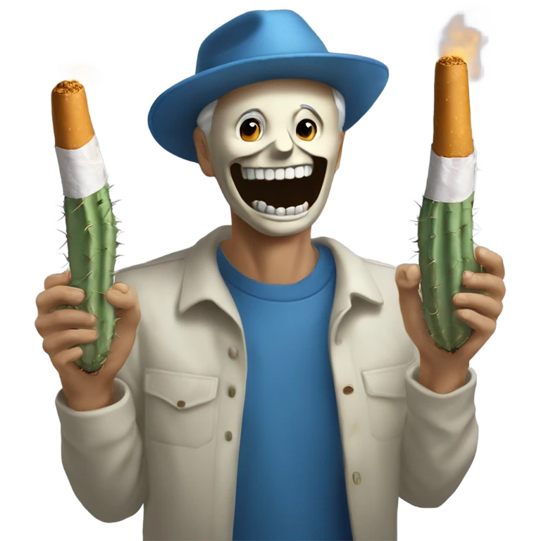popuylar meme format, giant cigarette, blue jmyrtle cactuys 100 enemy skeletons emoji