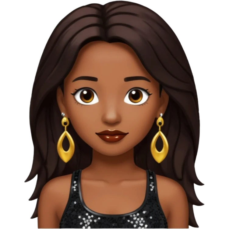 Chilli from TLC with long dark brown hair, black sequin crop top, black earring emoji