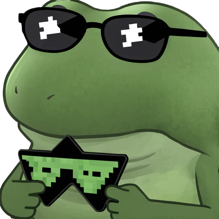 bufo with triangle shaped 8 bit sunglasses full black, confident smile, with a mini black star in his hand emoji