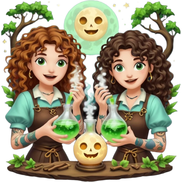 forest alchemist duo two women curly long hair tattooed and short brown mullet mixing glowing moon potion together excited faces emoji