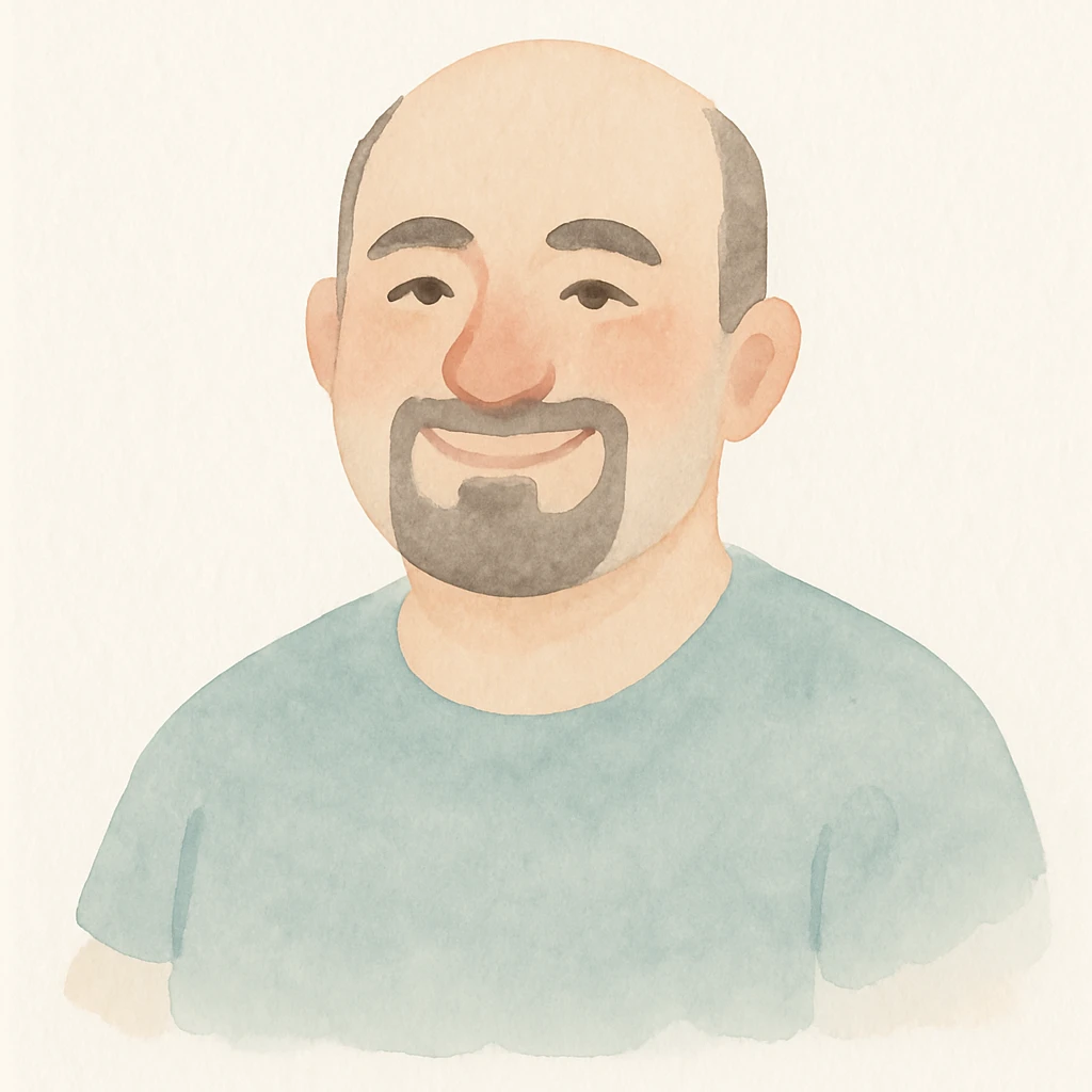 chubby Lebanese man with a goatee and short hair, smiling, watercolor art style emoji