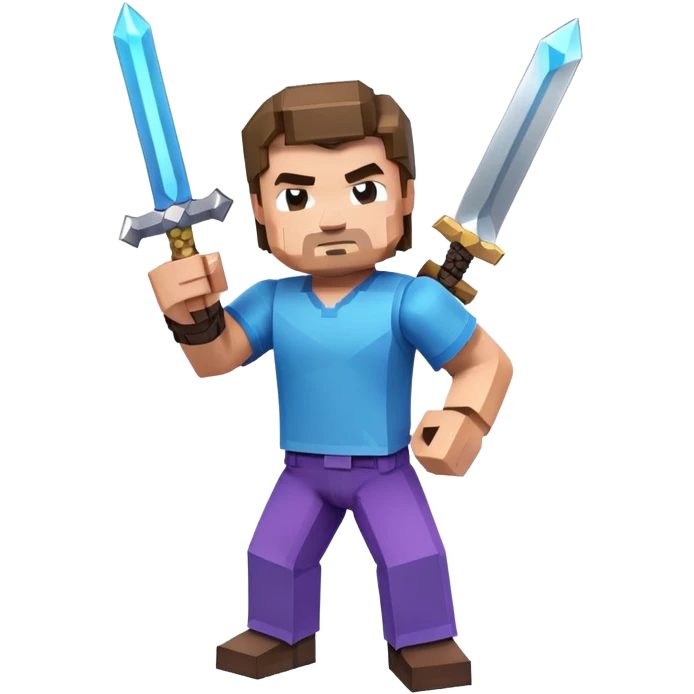 Jack Black as Minecraft Steve in combat pose holding sword, blocky character with brown hair, blue shirt, and purple pants emoji