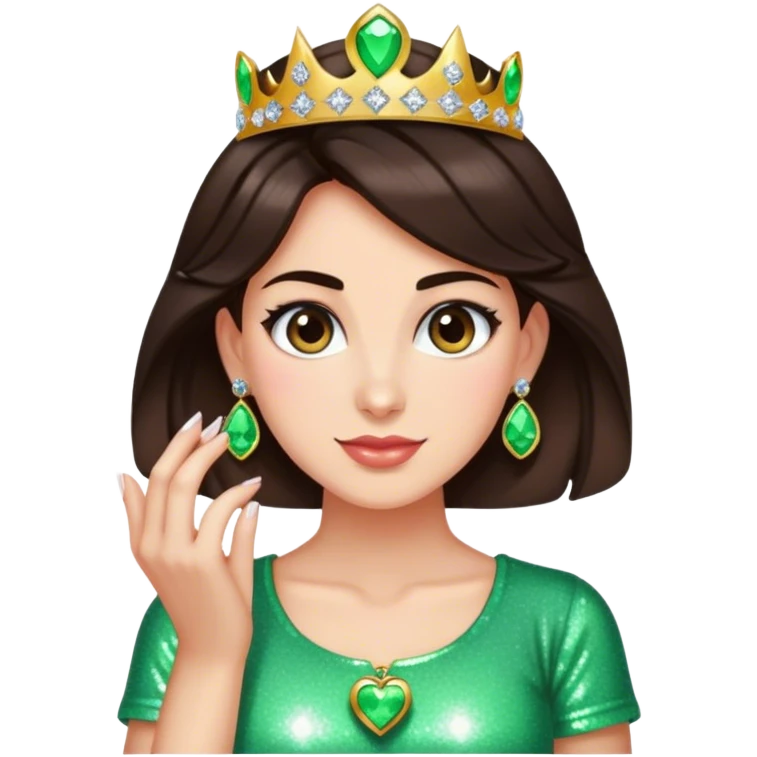 Pretty woman with dark brown hair wearing lots of sparkly jewelry and wearing an “I love Luigi” shirt  emoji