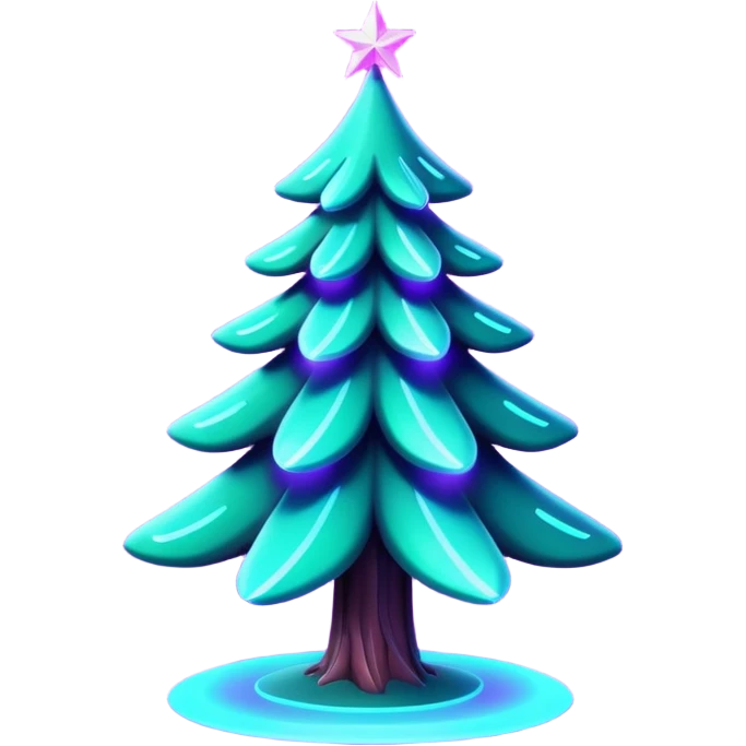 Futuristic glowing Christmas tree emoji with neon decorations, purple and cyan holographic glow, dark background, festive sparkles, no face. emoji