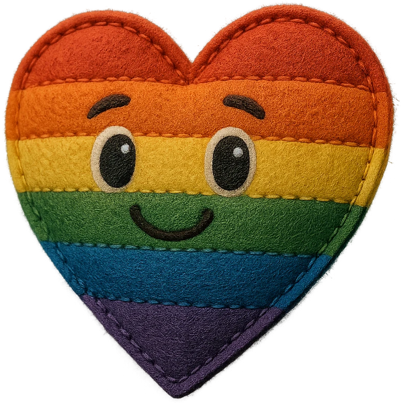rainbow pride heart with bold rainbow outline, plush portrait style, retro sticker style combined, no text emoji
