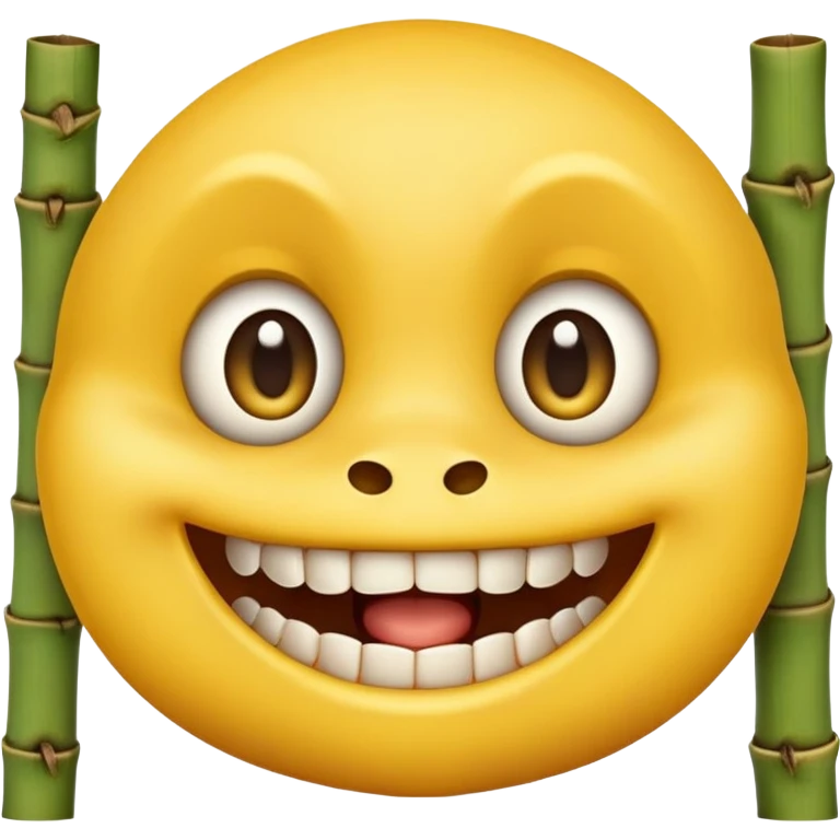 classic yellow emoji face with large eyes biting firmly on bamboo muzzle, teeth visible emoji