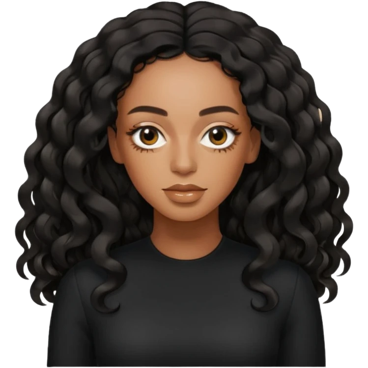 Solange with black long wavy hair, black outfit emoji