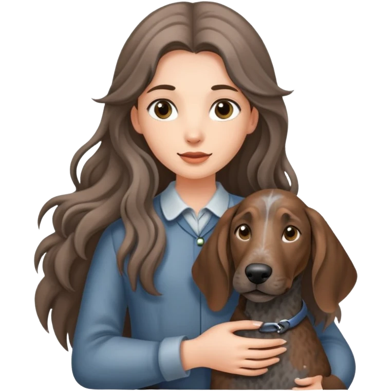A long-haired girl holding a gray Plott hound emoji