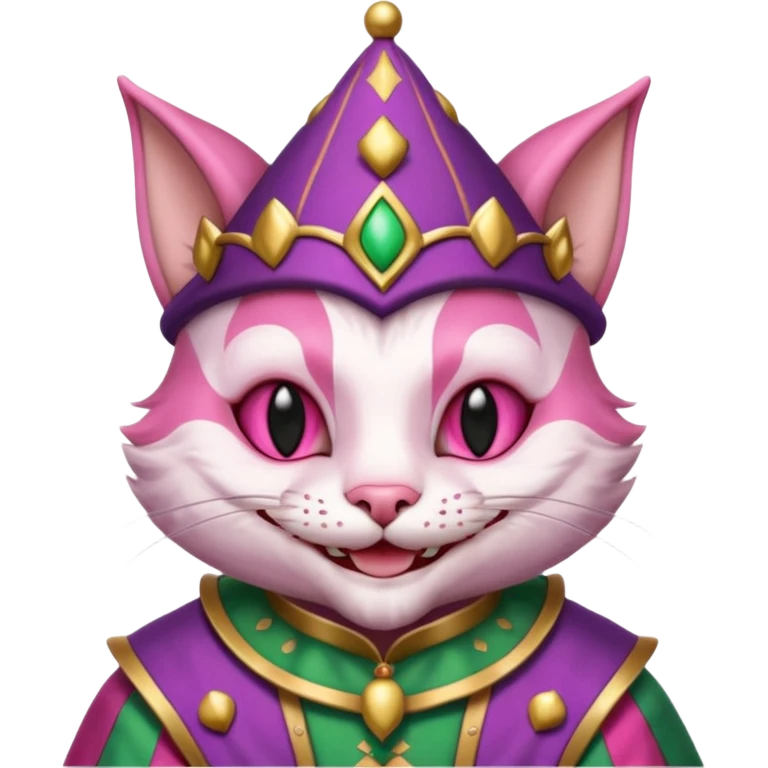 court jester cat medieval, single poker card joker clearly visible, pink, face only emoji