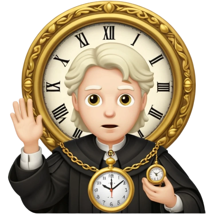 a 1600s judge with a hurried expression holding a clock that ticks VERY FAST  emoji