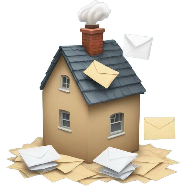 A house with envelopes blowing out the chimney and a package on the ground  emoji