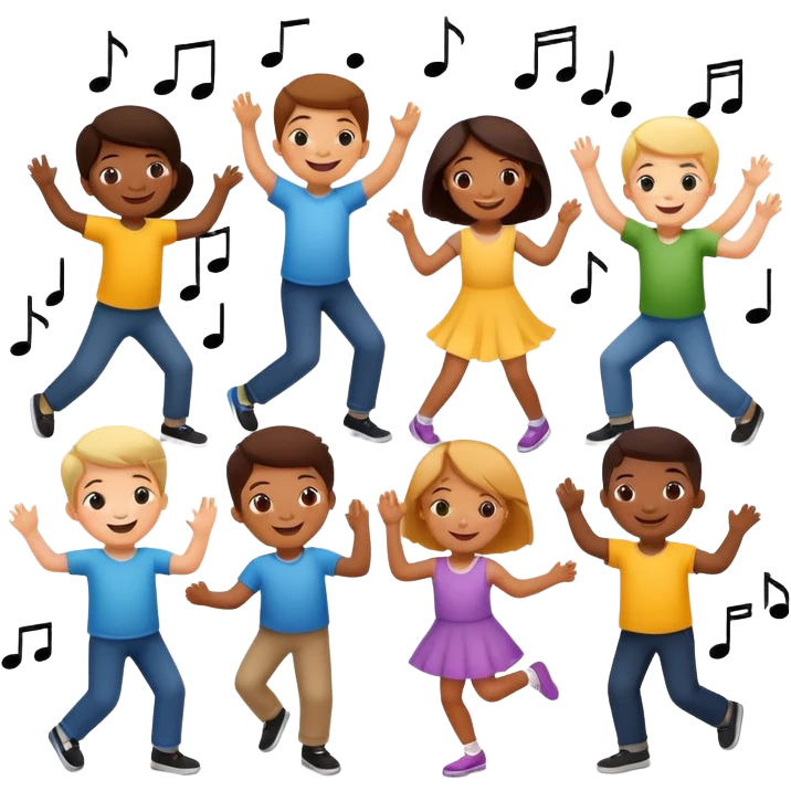 group of children dancing with music notes, fun and friendly emoji