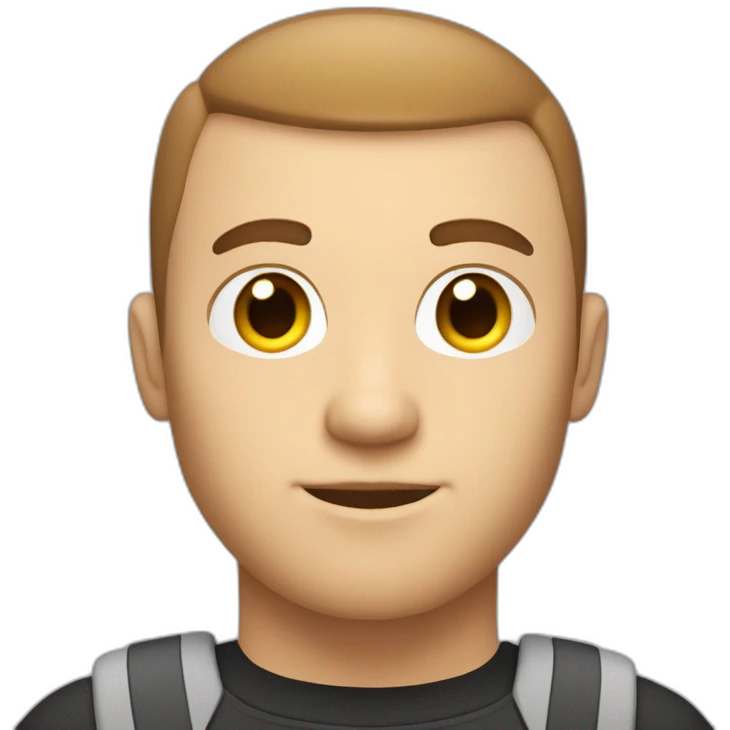 software engineer that is white male, with brown buzz cut hair, with white gold earrings, in front of laptop, apple-style emoji