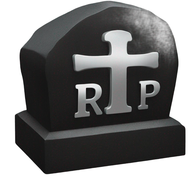 a black grave with the inscription R i P in silver emoji